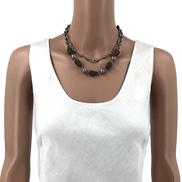 IONA Jewelry Double Strand Necklace Silver Tone Brown Wood Beads Adjustable Leng - Picture 2 of 2